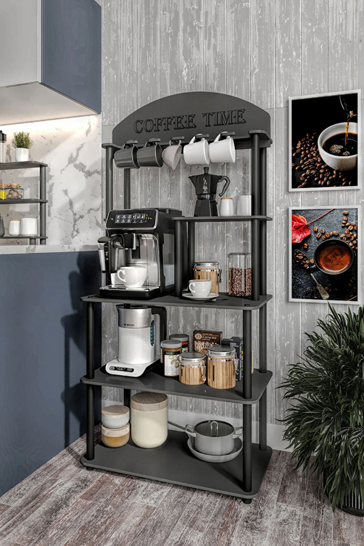 Dekoratif Masivo Kahve Köşesi Coffee Time Dikdörtgen Çok Amaçlı Raf Siyah Tüm Kahve Makineleri