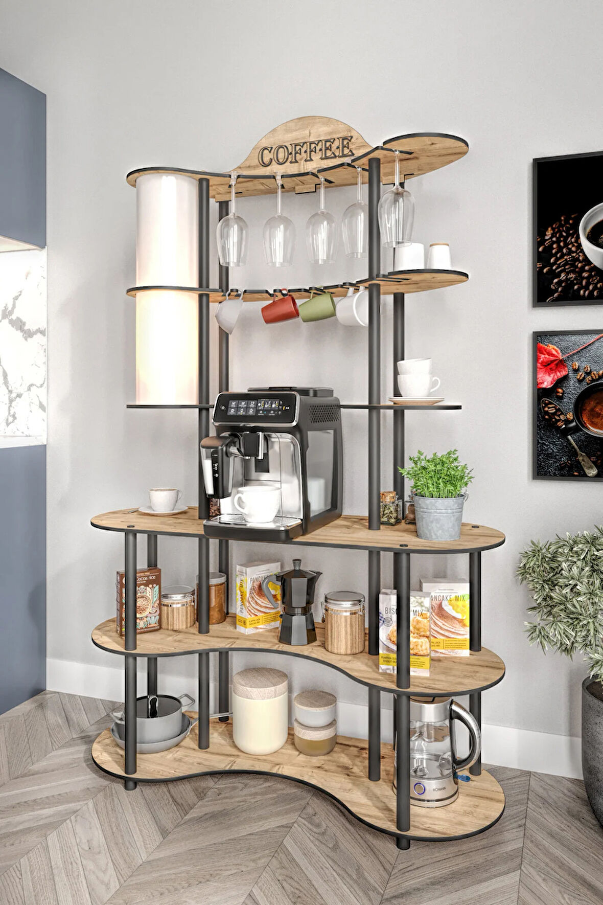 BREW-BLISS MUTLU KAHVE KÖŞESİ-ÇOK AMAÇLI MUTFAK RAFI SAFİR MEŞE-LAMBADER AYDINLATMALI