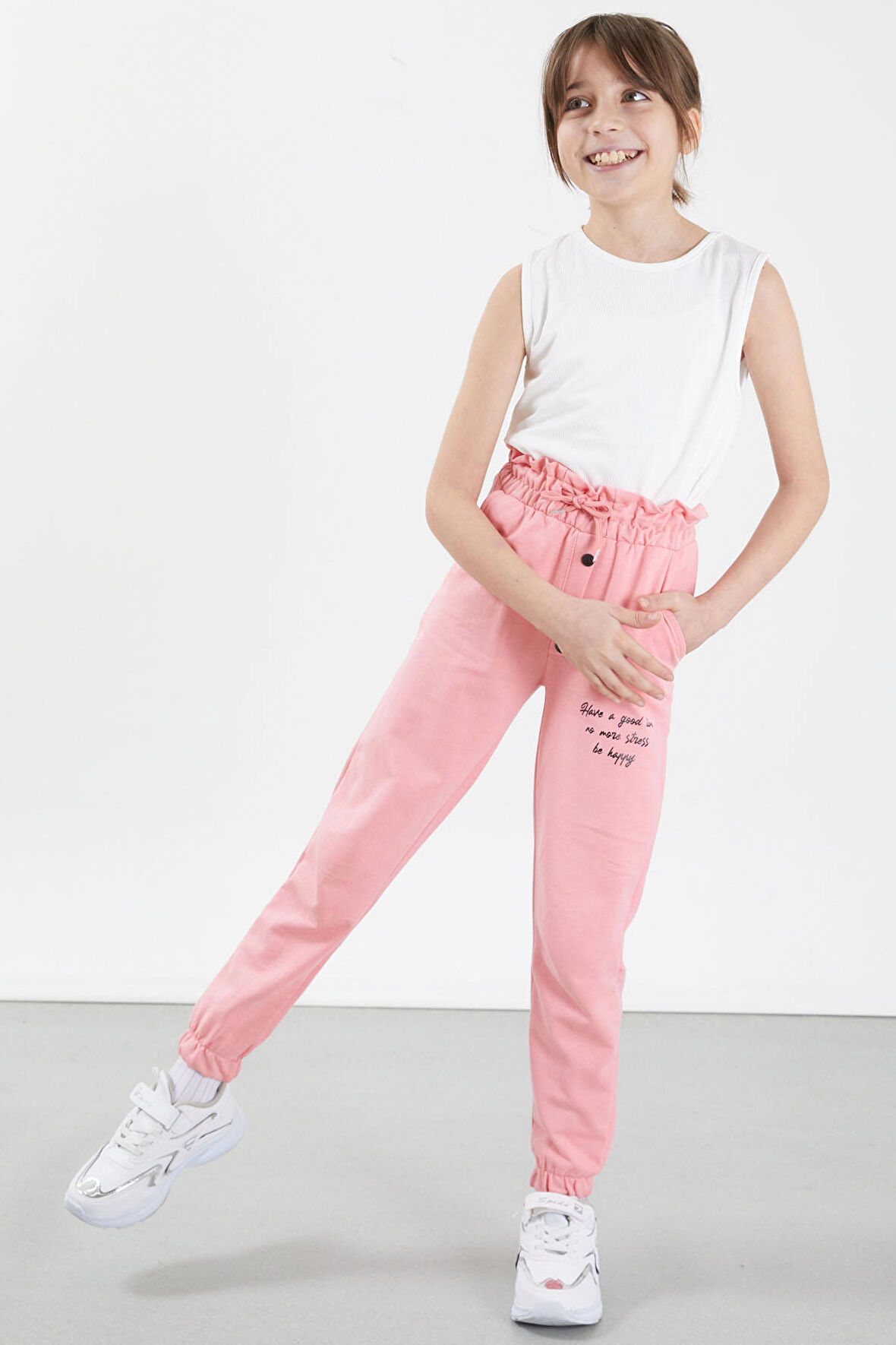 Pembe Have a Good Time Yazılı Düğme Detaylı Kız Eşofman Altı 17675