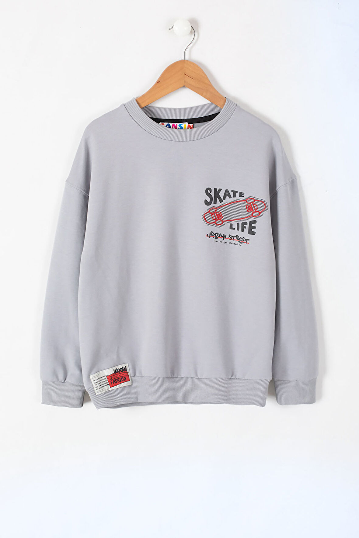 Gri Skate Sırtı Baskılı Bisiklet Yaka Erkek Çocuk Sweatshirt 19640