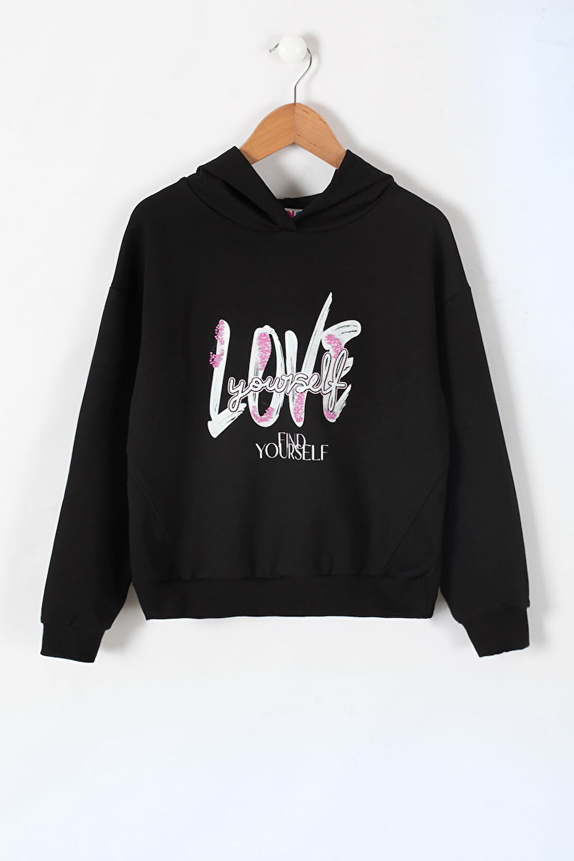 Siyah Love Yazılı Kapüşonlu Kız Çocuk Sweatshirt 19644