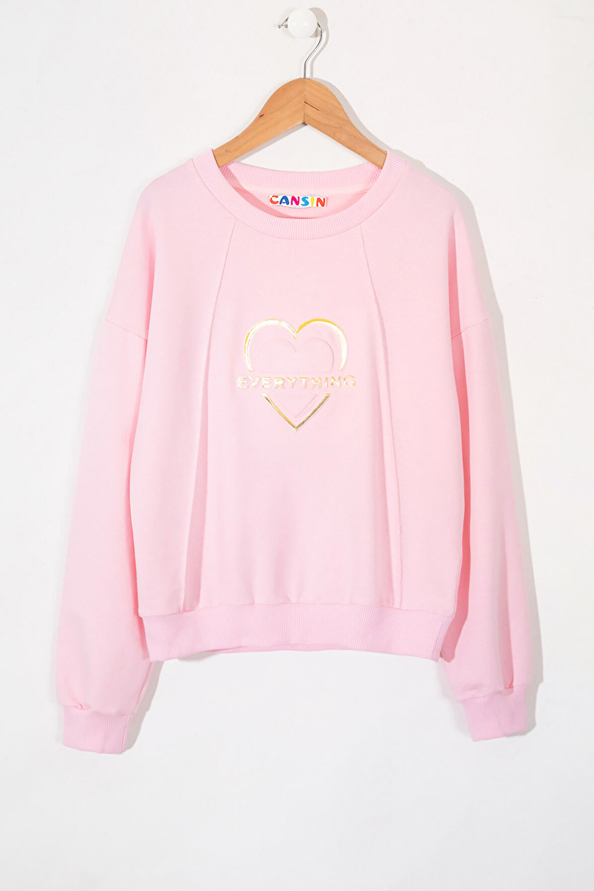 Pembe Kalp Kabartmalı Bisiklet Yaka Kız Çocuk Sweatshirt 19661