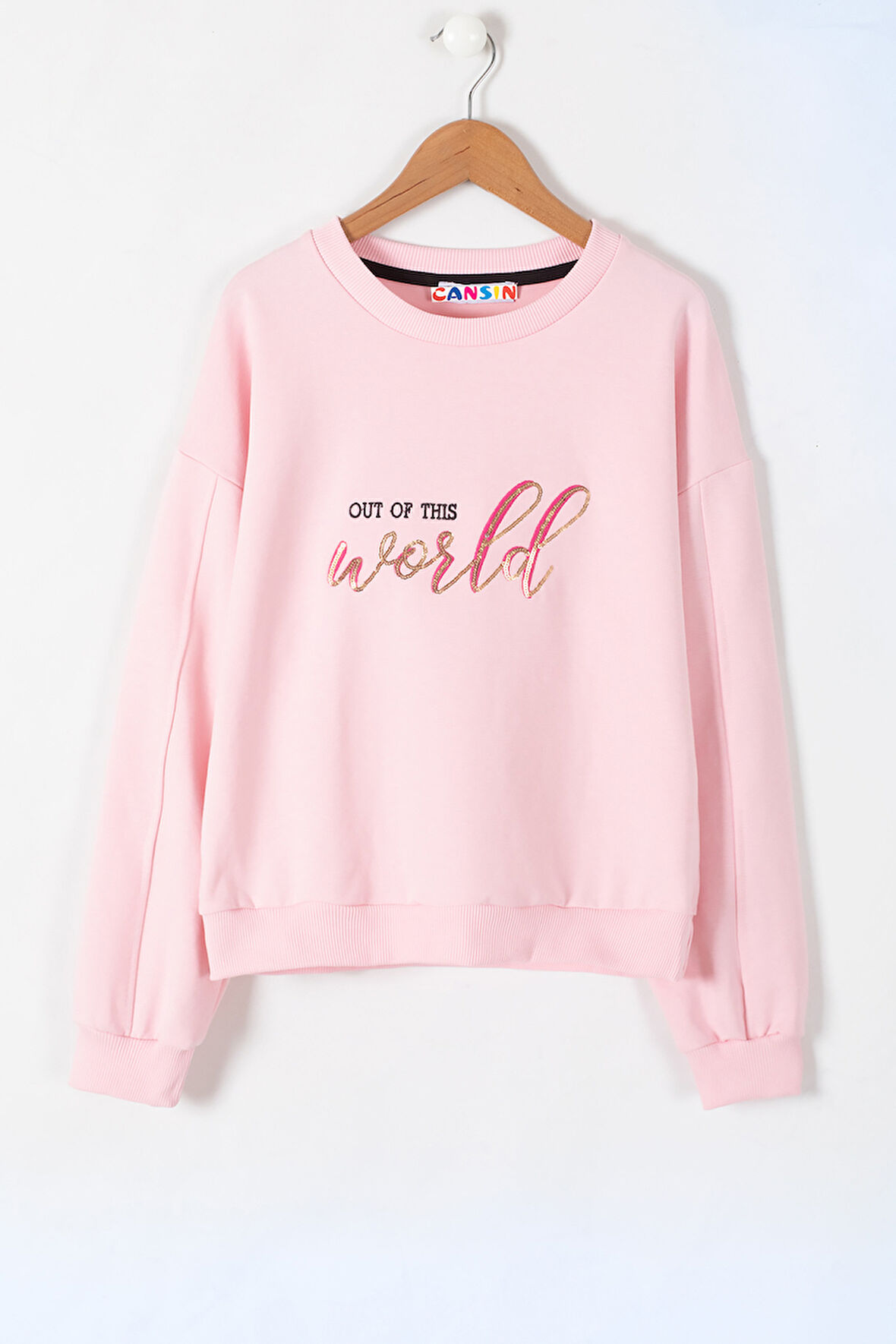 Pembe Payetli Yazılı Bisiklet Yaka Kız Uzun Kol Sweatshirt 19670