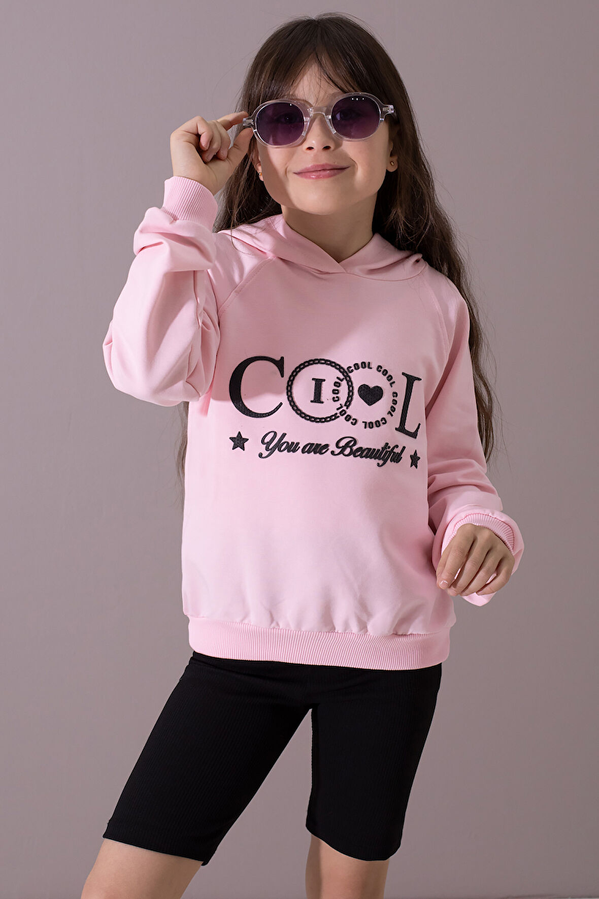 Pembe Kabartmalı Cool Yazılı Kapüşonlu Kız Çocuk Sweatshirt 19697