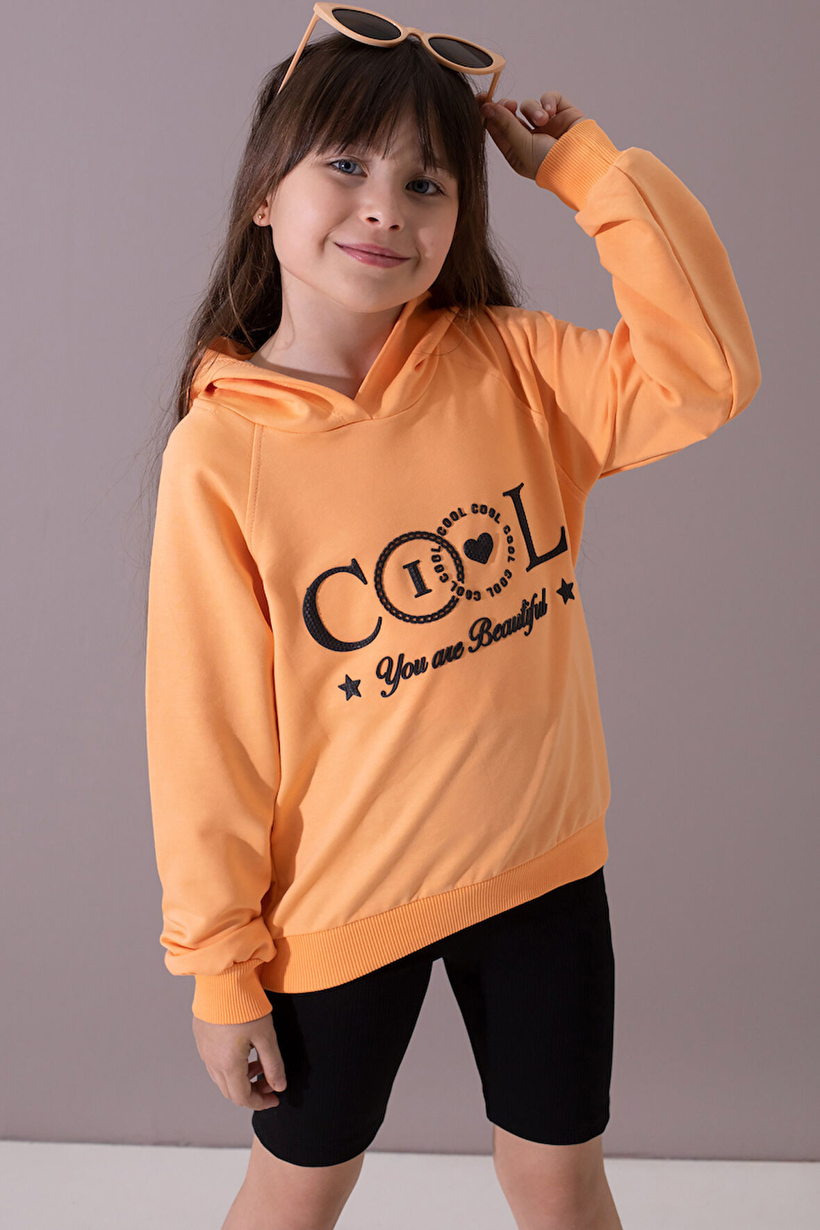 Turuncu Kabartmalı Cool Yazılı Kapüşonlu Kız Çocuk Sweatshirt 19696