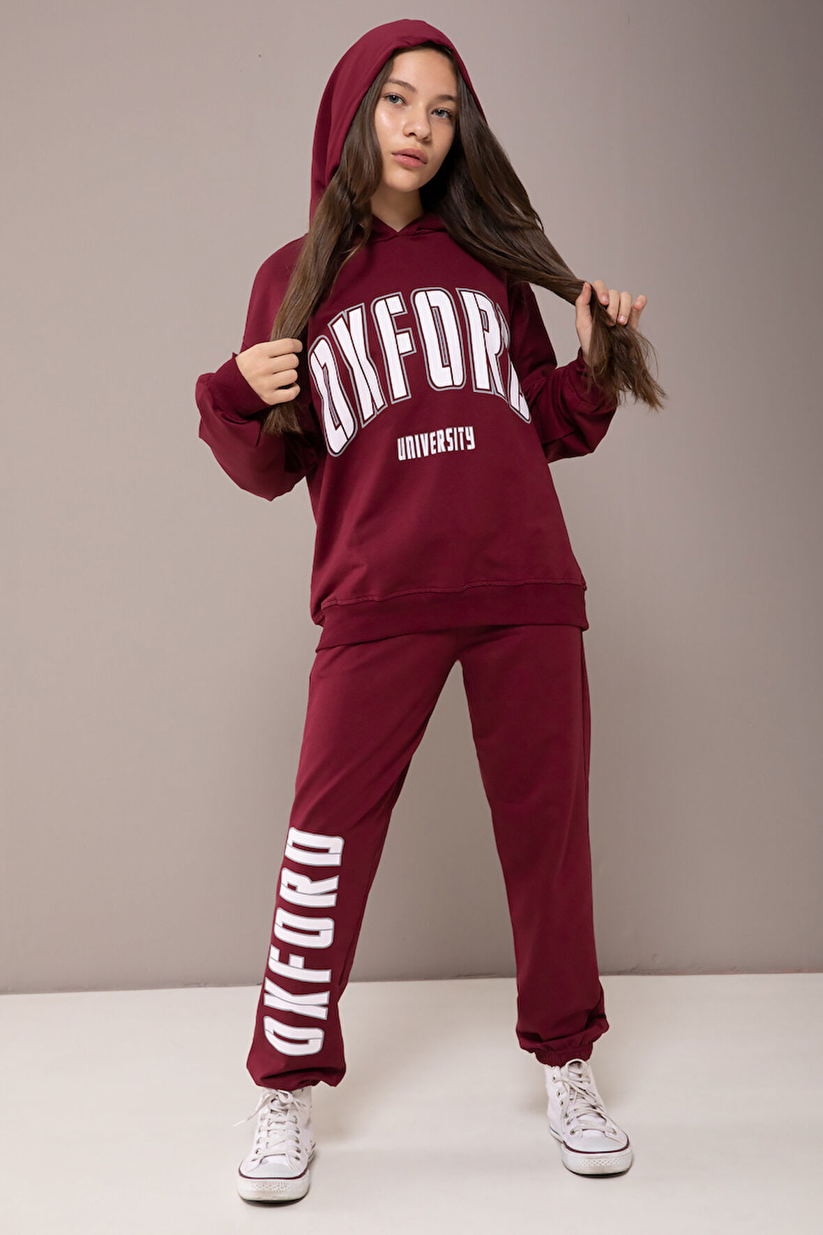 Bordo Oxford Baskılı Kapüşonlu Kız Çocuk Eşofman Takımı 19831