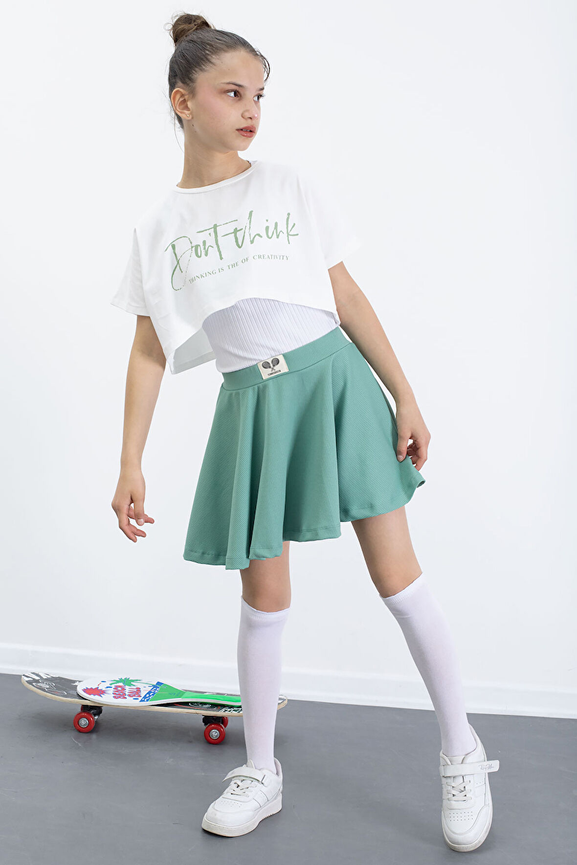 Yeşil Beli Lastikli Fitilli Kız Çocuk Tenis Eteği 21041