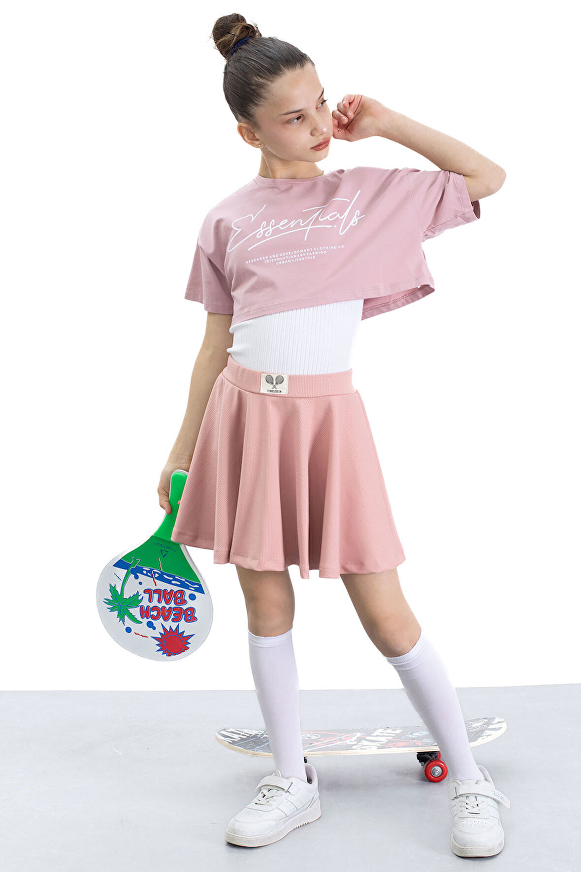 Gül Kurusu Beli Lastikli Fitilli Kız Çocuk Tenis Eteği 21042