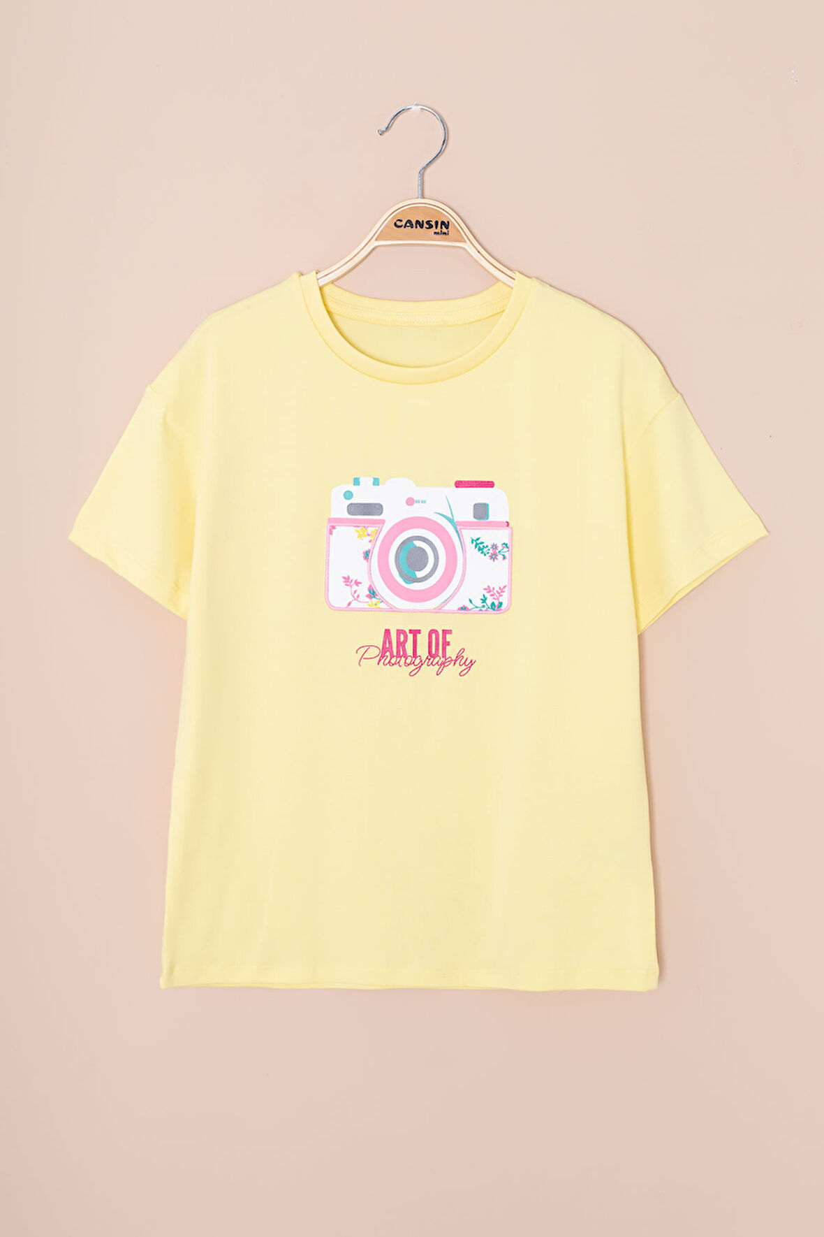 Sarı Sırtı Yazılı Fotoğraf Baskılı Kız Çocuk Bisiklet Yaka Tişört 21045
