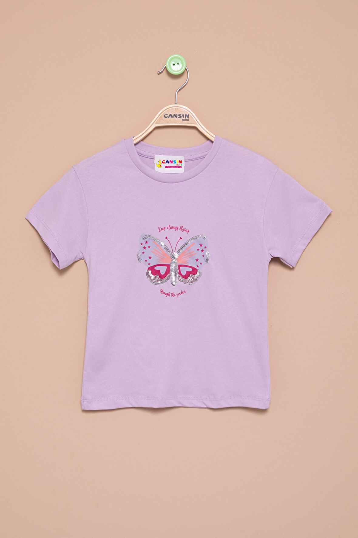 Lila Kelebek Baskılı Payetli Kız Çocuk Tişört 21000