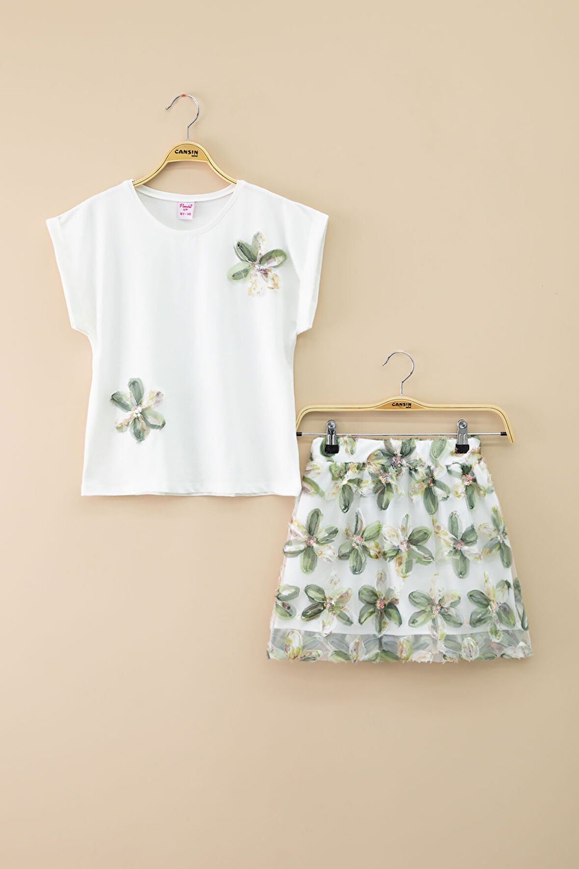 Haki Çiçek İşlemeli Tüllü Etekli Kısa Kol Bluzlu Kız Çocuk 2li Takım 21047