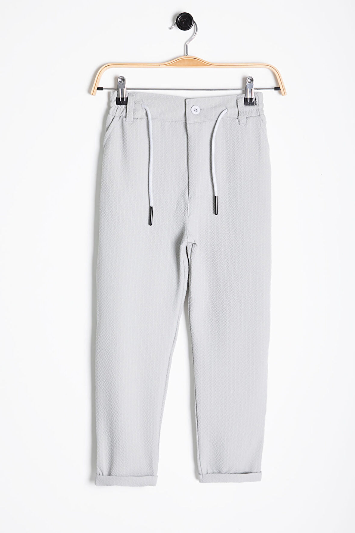 Gri Erkek Çocuk Çizgili Duble Paça Gofre Kumaş Pantolon 21052