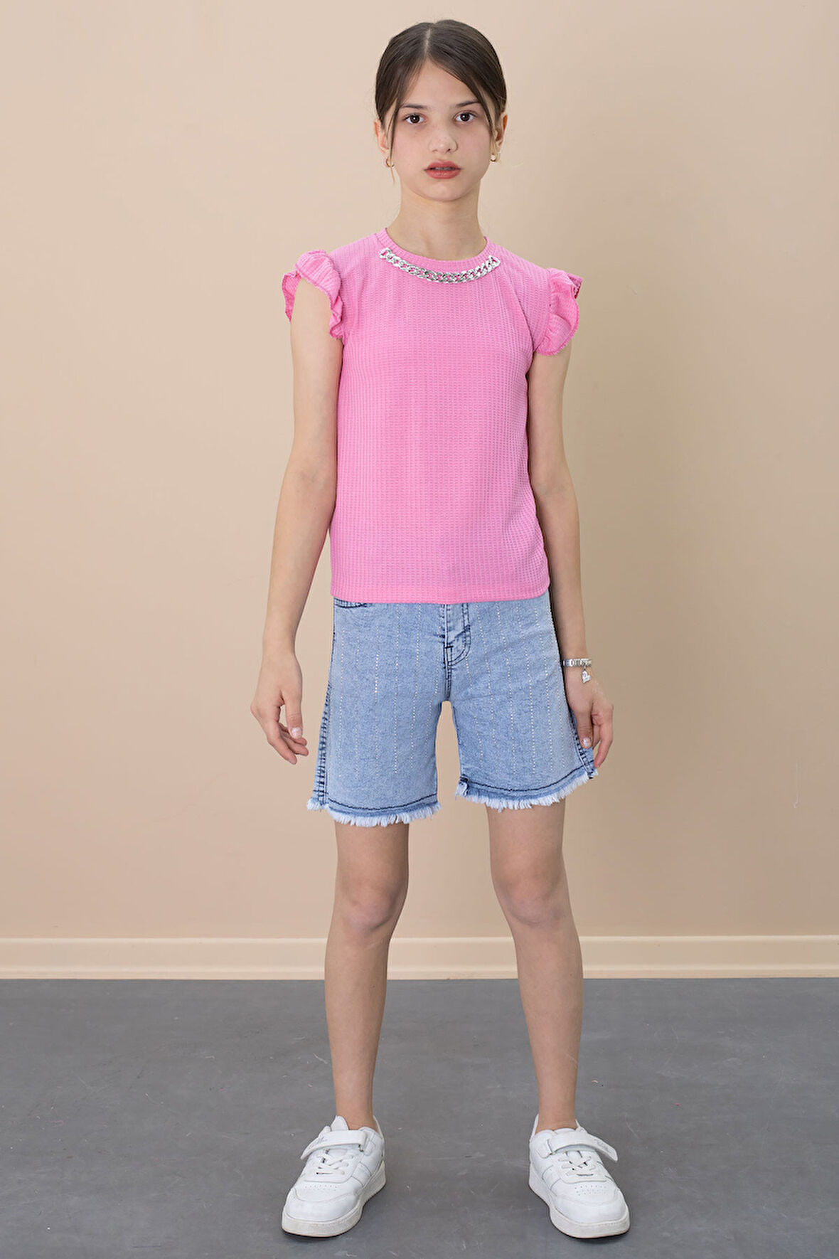 Payetli Jean Şortlu Pembe Kolye Detaylı Badili Kız Çocuk 2li Takım 21108