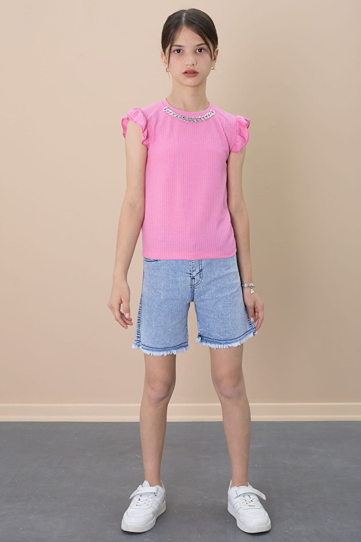 Payetli Jean Şortlu Pembe Kolye Detaylı Badili Kız Çocuk 2li Takım 21108