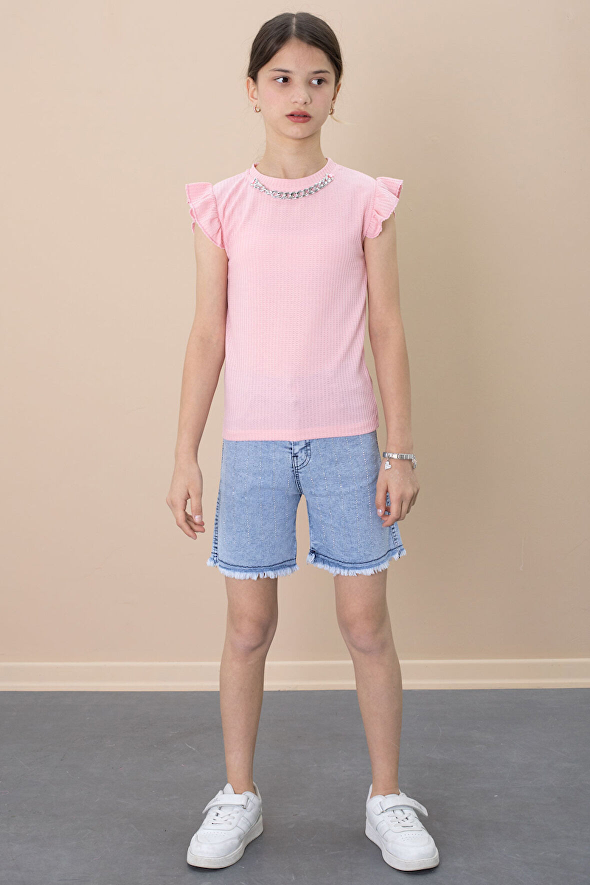 Payetli Jean Şortlu Somon Kolye Detaylı Badili Kız Çocuk 2li Takım 21111