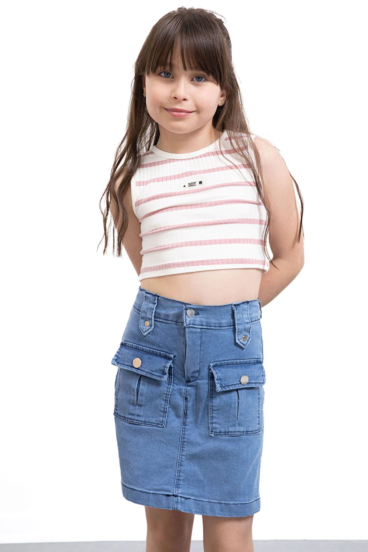 Mavi Ön Cepli Beli Lastikli Kız Çocuk Jean Şort Etek 21122
