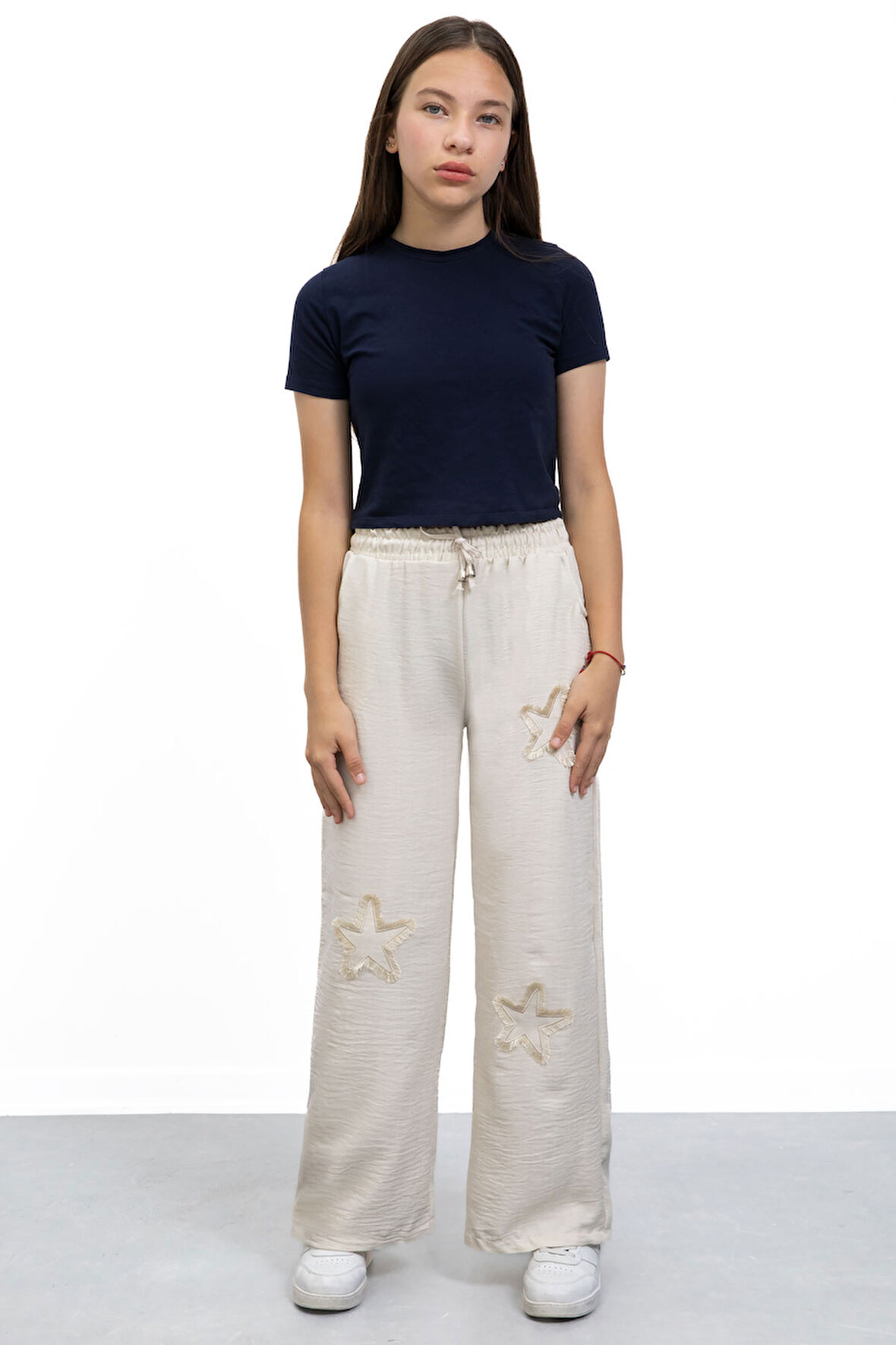 Krem Yıldız Nakışlı Geniş Paça Rahat Kumaş Kız Çocuk Pantolon 21147