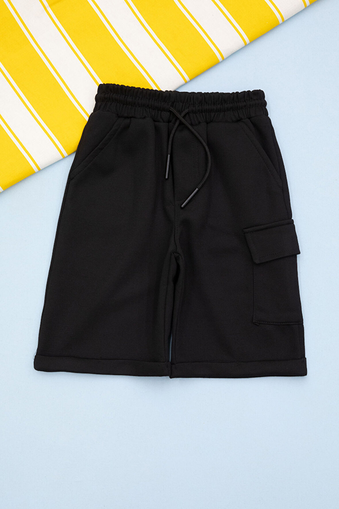 Siyah Beli Lastikli Jogger Kumaş Tek Kargo Cepli Erkek Çocuk Şort 21153