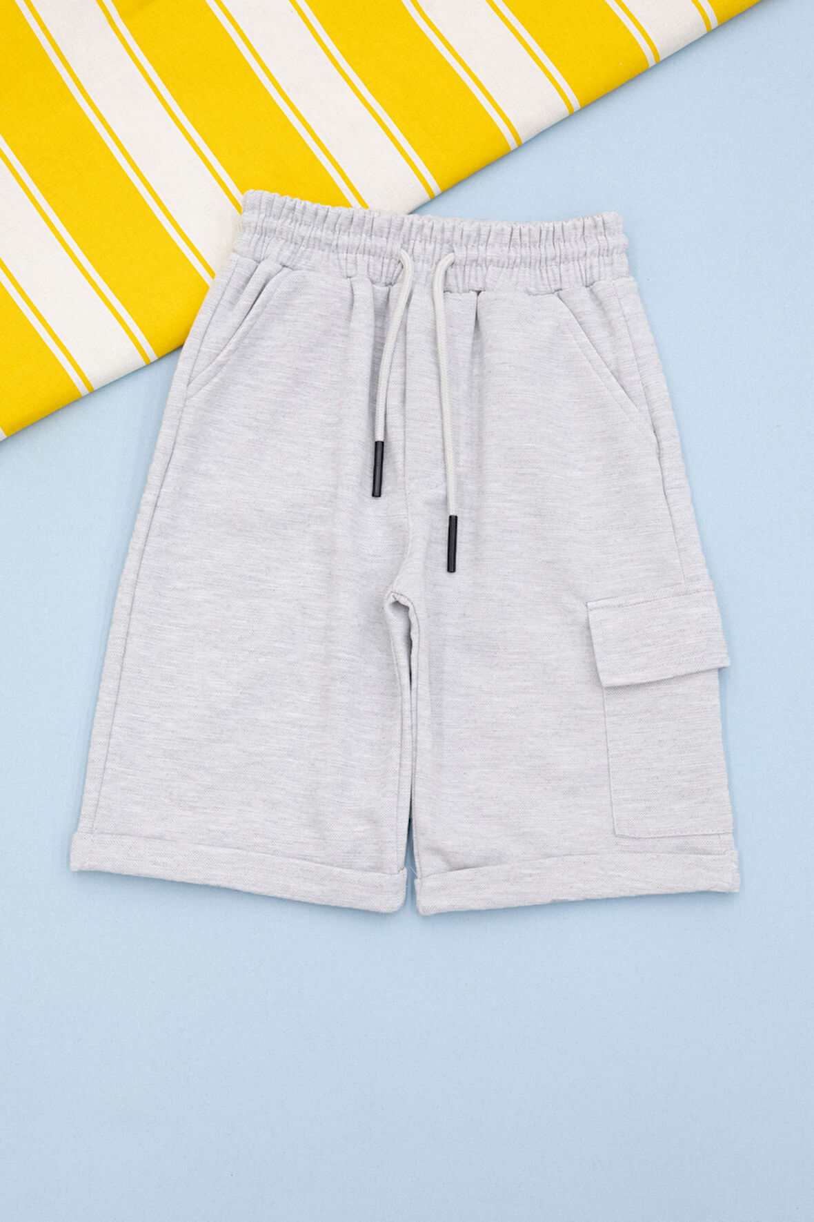 Açık Gri Beli Lastikli Jogger Kumaş Tek Kargo Cepli Erkek Çocuk Şort 21173