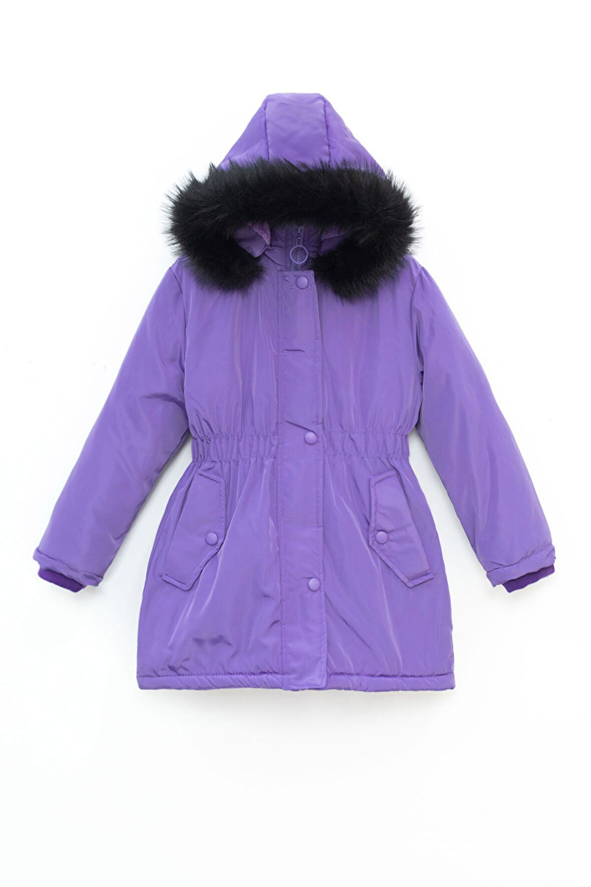 Lila Çıtçıtlı Cepli Esnek Bel İçi Kürklü Kız Çocuk Kapüşonlu Mont 21310