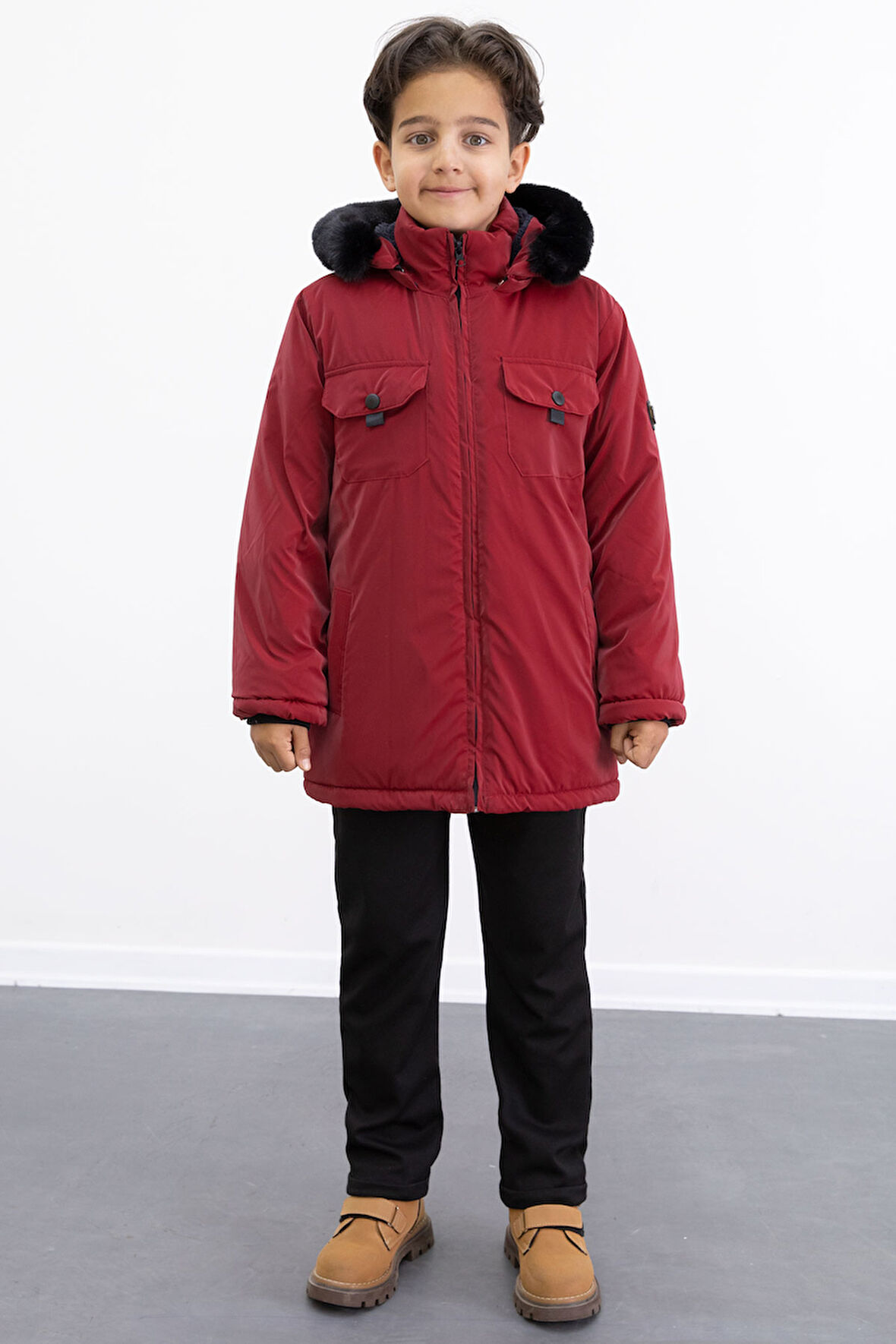 Bordo Çıtçıtlı Göğüs Cepli İçi Kürklü Erkek Çocuk Kapüşonlu Mont 21350