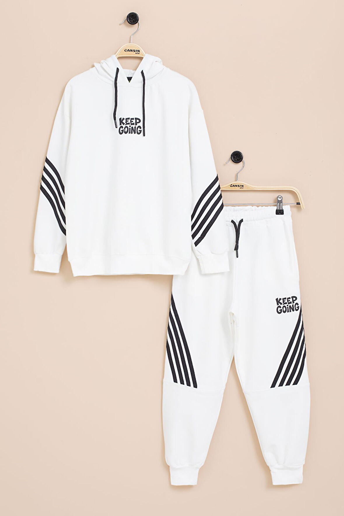Beyaz Erkek Çocuk Keep Going Yazılı Şeritli Erkek Çocuk Kapüşonlu Eşofman Takımı 23417