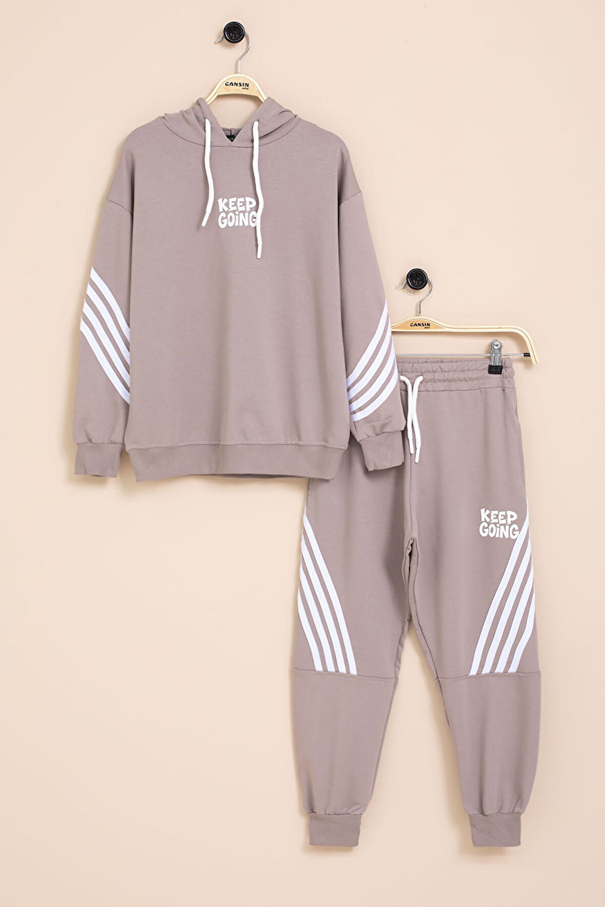 Kahve Erkek Çocuk Keep Going Yazılı Şeritli Erkek Çocuk Kapüşonlu Eşofman Takımı 23419