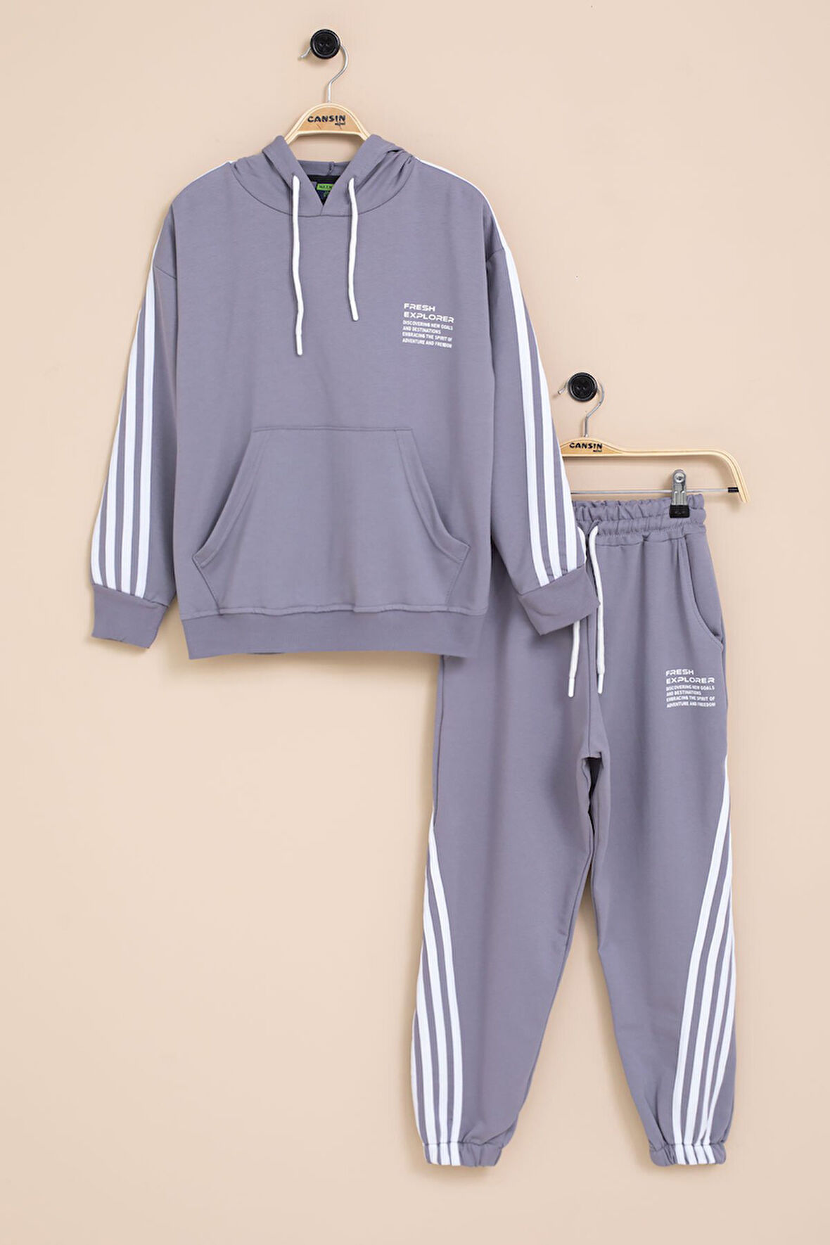 Füme Şerit Detaylı Yazı Baskılı Kapüşonlu Erkek Çocuk Eşofman Takımı 21451