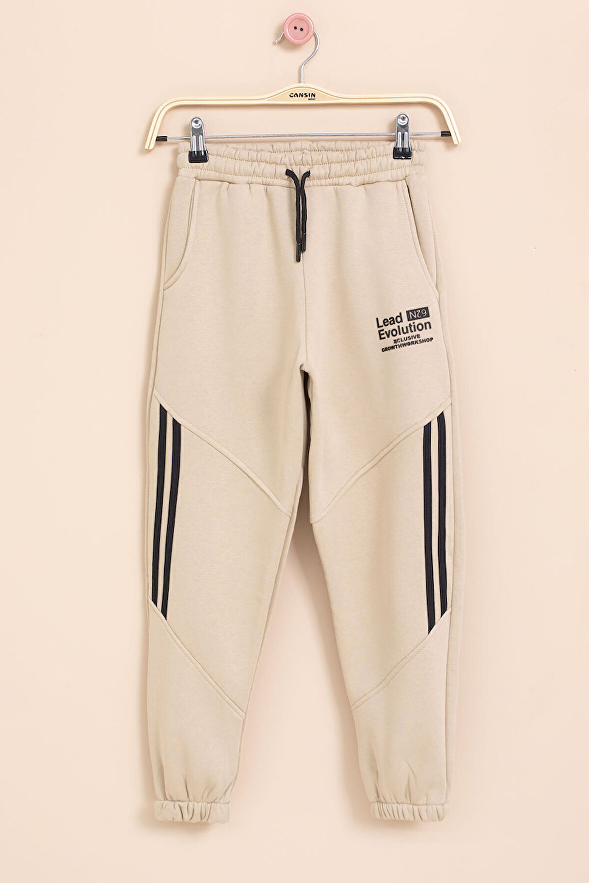 Bej Şerit Detaylı Yazı Baskılı Beli Lastikli Erkek Çocuk Eşofman Altı 21458