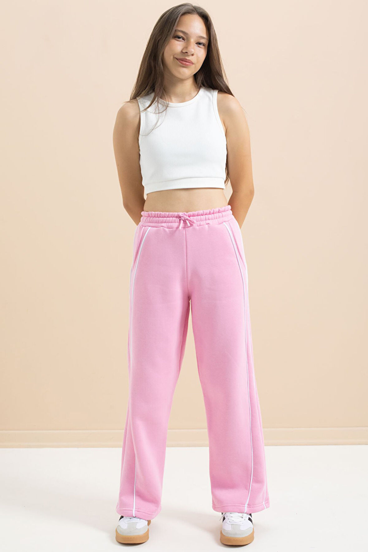 Pembe Yanları Şeritli Geniş Paça Kız Çocuk Şardonlu Eşofman Altı 21466