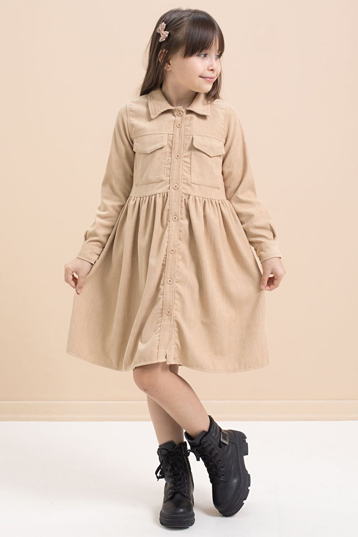 Kahverengi Kız Çocuk Cep Detaylı Kadife Desenli Elbise 21548