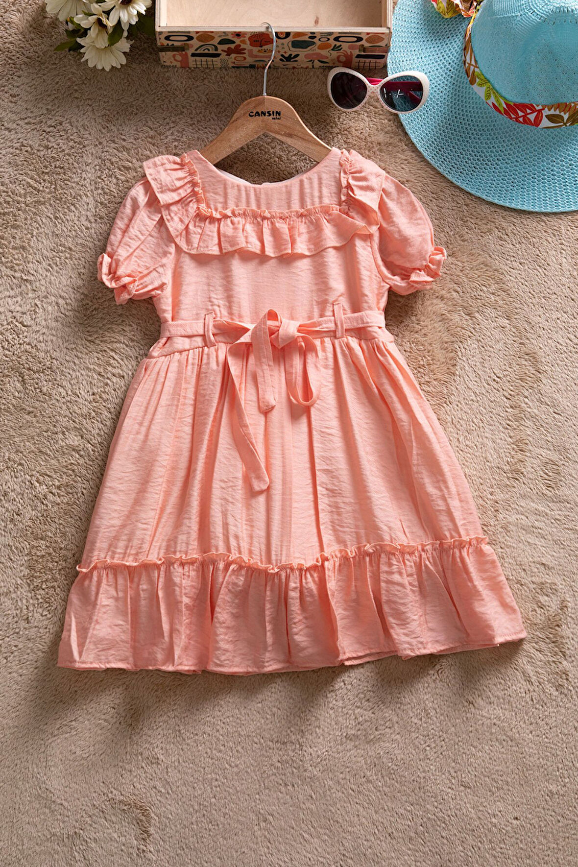 Somon Fırfır Detaylı Kısa Kol Kız Çocuk Pileli Elbise  22653