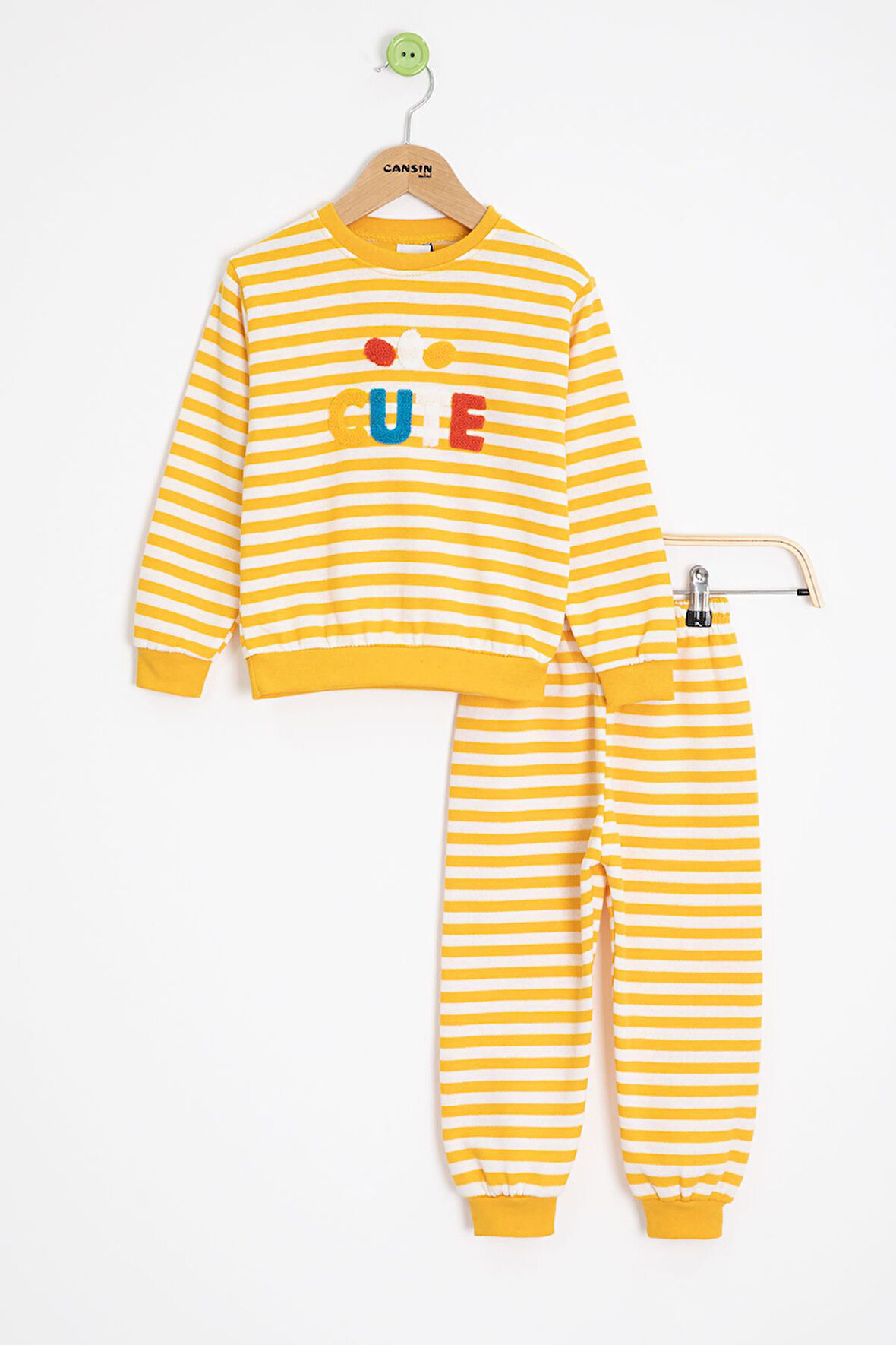 Sarı Erkek Çocuk Cute Nakışlı Çizgili Şardonlu Eşofman Takımı 23309