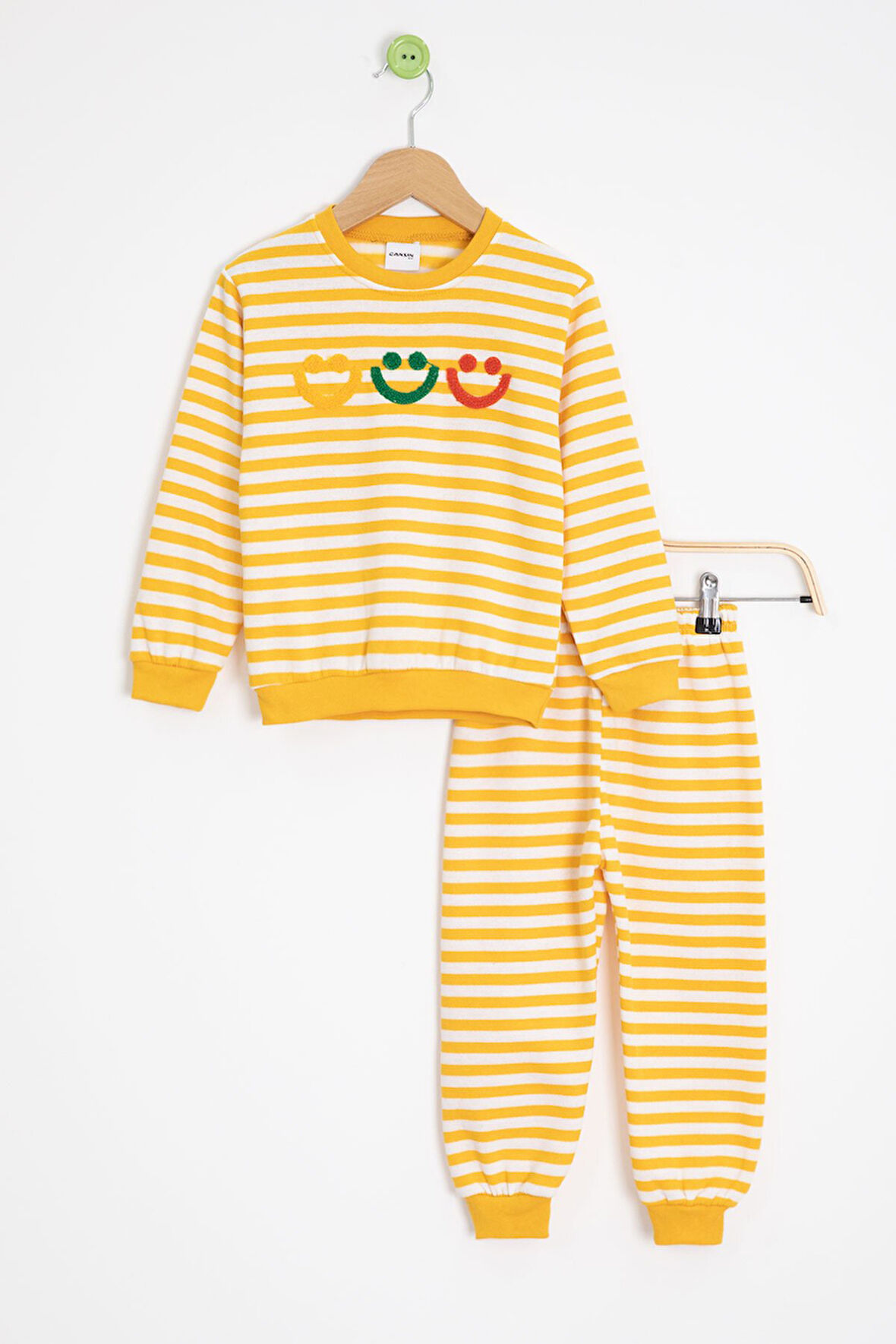 Sarı Erkek Çocuk Gülenyüz Nakışlı Çizgili Şardonlu Takım 23319