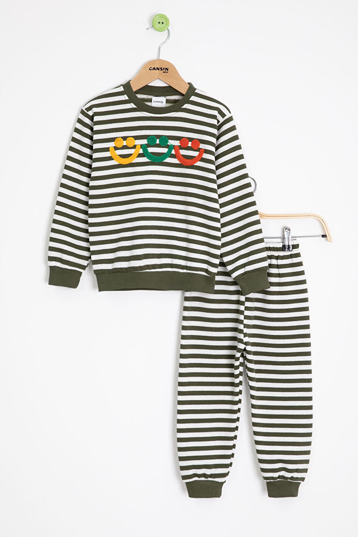 Haki Erkek Çocuk Gülenyüz Nakışlı Çizgili Şardonlu Takım 23321