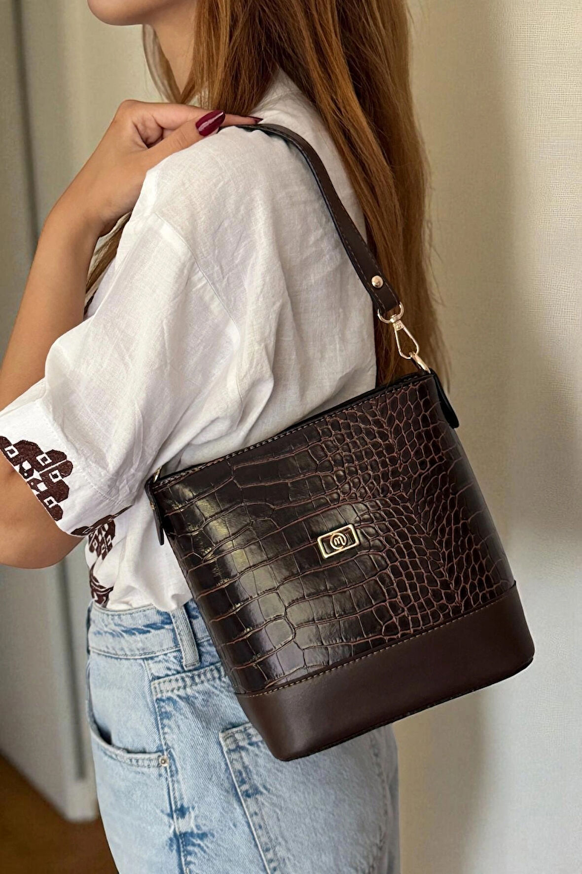 Kadın Kahverengi Timsah Desenli Kova Model Kol Ve Çapraz Çanta