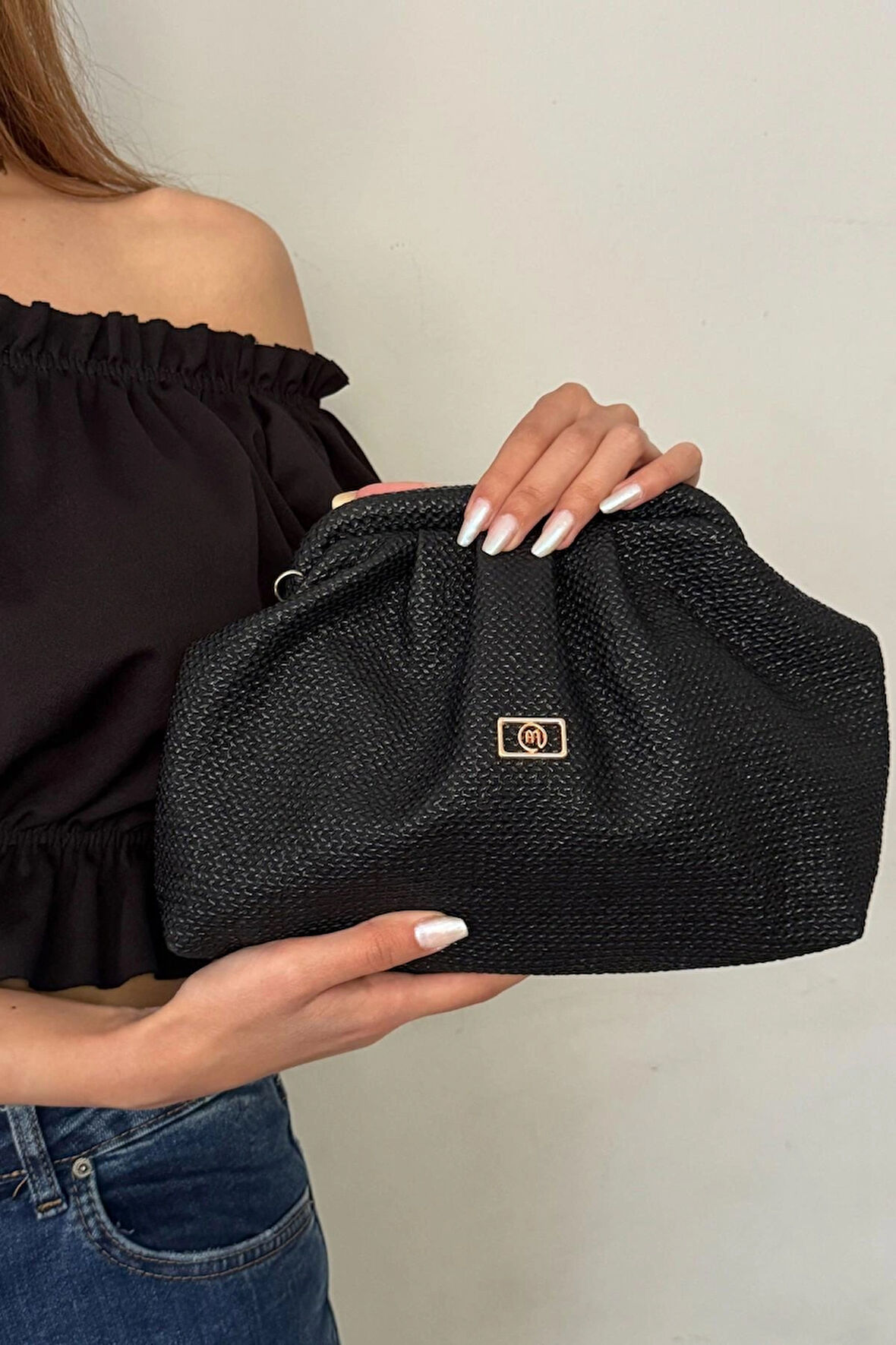 Kadın Siyah Hasır Görünümlü El ve Omuz Askılı Clutch Çanta