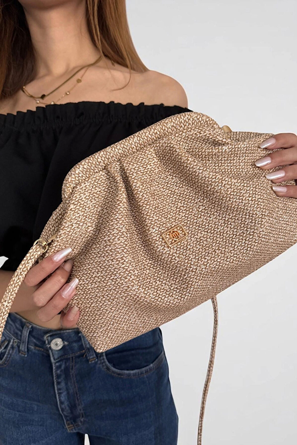 Kadın Vizon Hasır Görünümlü El ve Omuz Askılı Clutch Çanta
