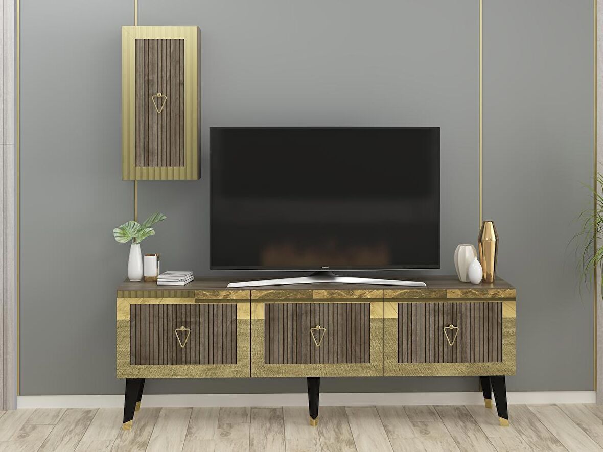 LAZER DESENLİ 150 CM BARE TV ÜNİTESİ CEVİZ-ALTIN