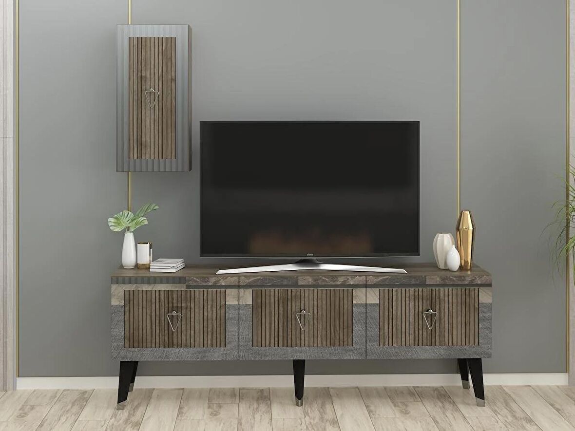 BARE TV ÜNİTESİ, ORTA SEHPA VE KONSOL 3'LÜ SALON TAKIMI CEVİZ-GÜMÜŞ