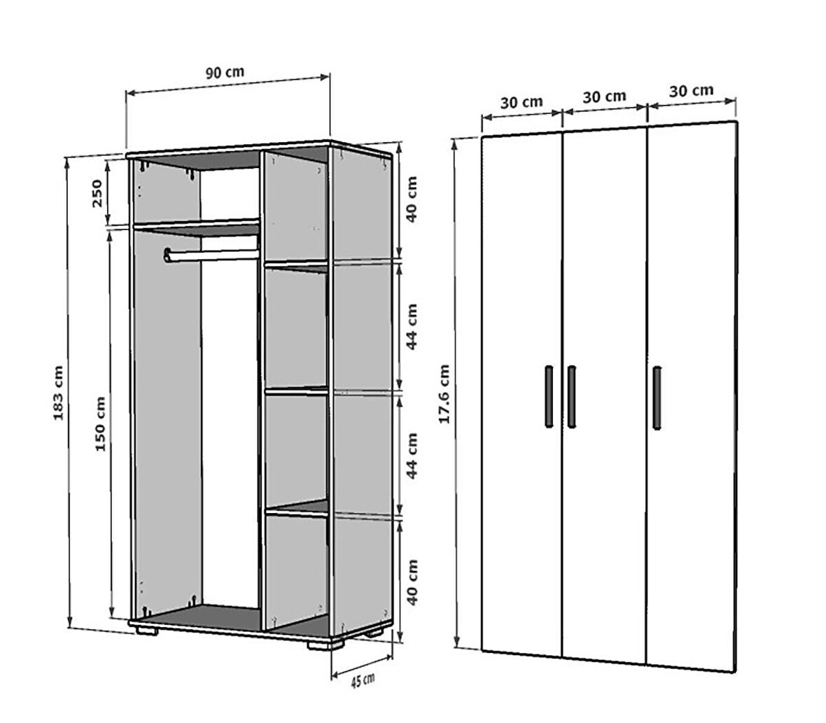 ÜÇ KAPAKLI 90 CM EDİT GARDIROP SAFİRMEŞE-BEYAZ