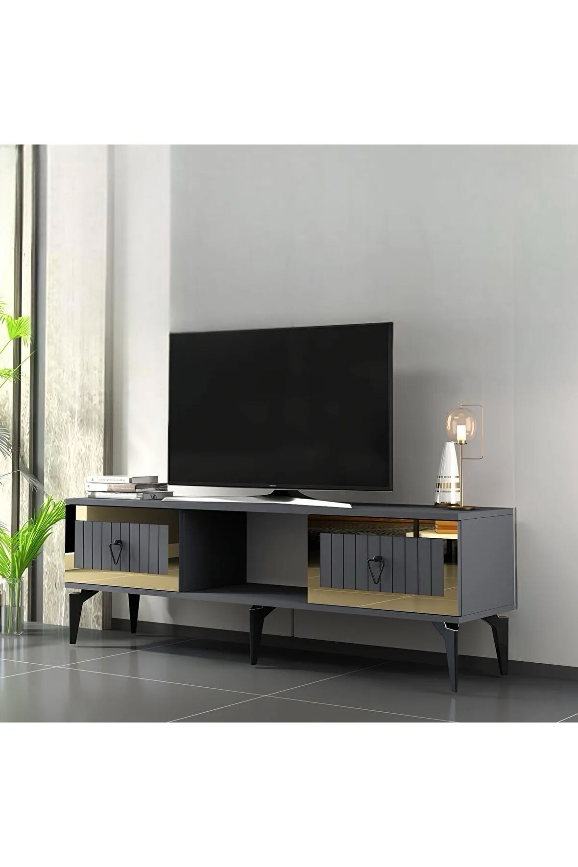 LİİNDA TV SEHPASI (ALT MODÜL) ANTRASİT-ALTIN