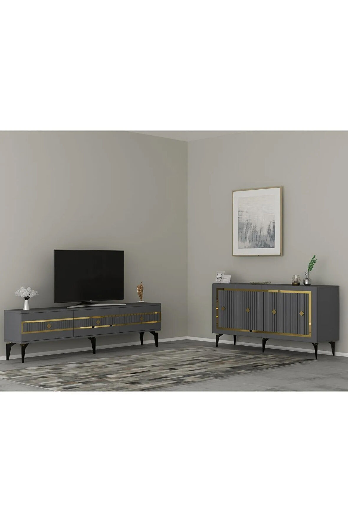 NOVA TV SEHPASI (alt modül) ve KONSOL 2'Lİ SALON TAKIMI ANTRASİT-ALTIN