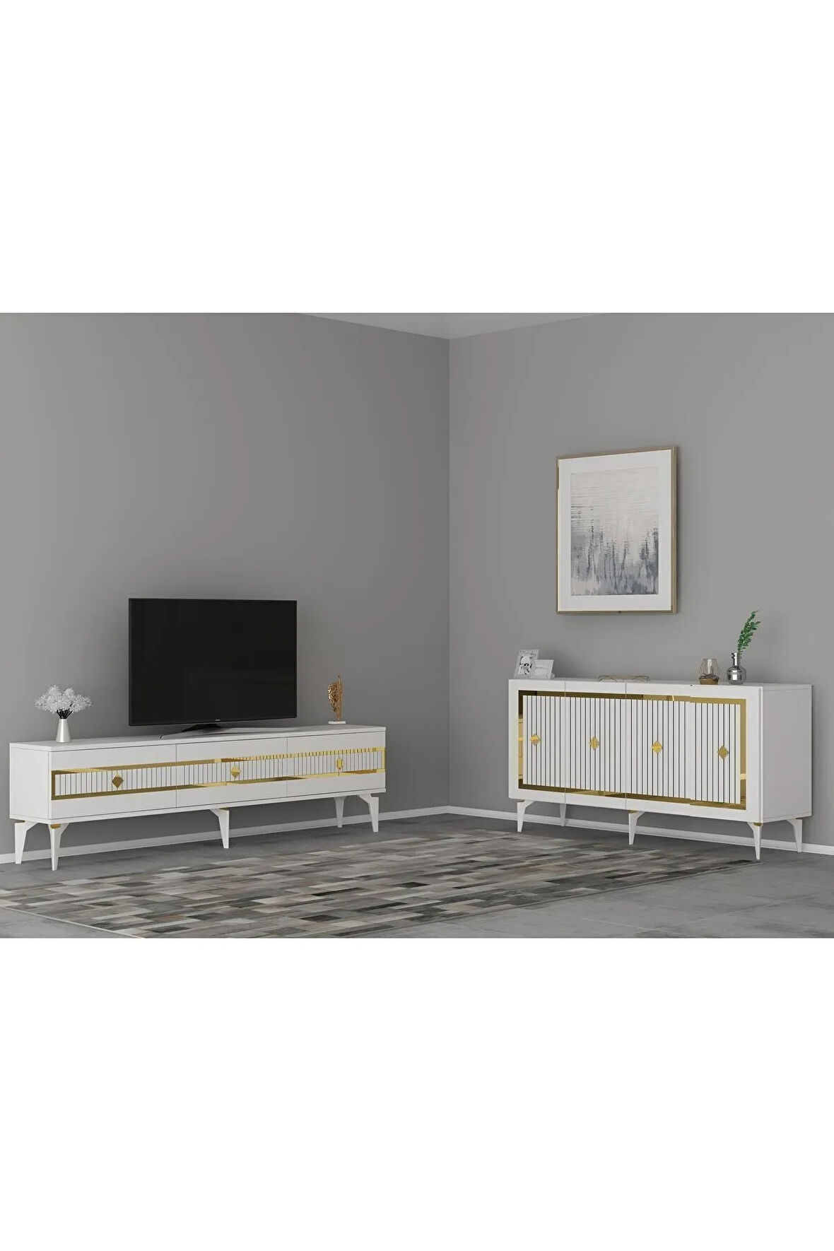 NOVA TV SEHPASI (alt modül) ve KONSOL 2'Lİ SALON TAKIMI BEYAZ-ALTIN