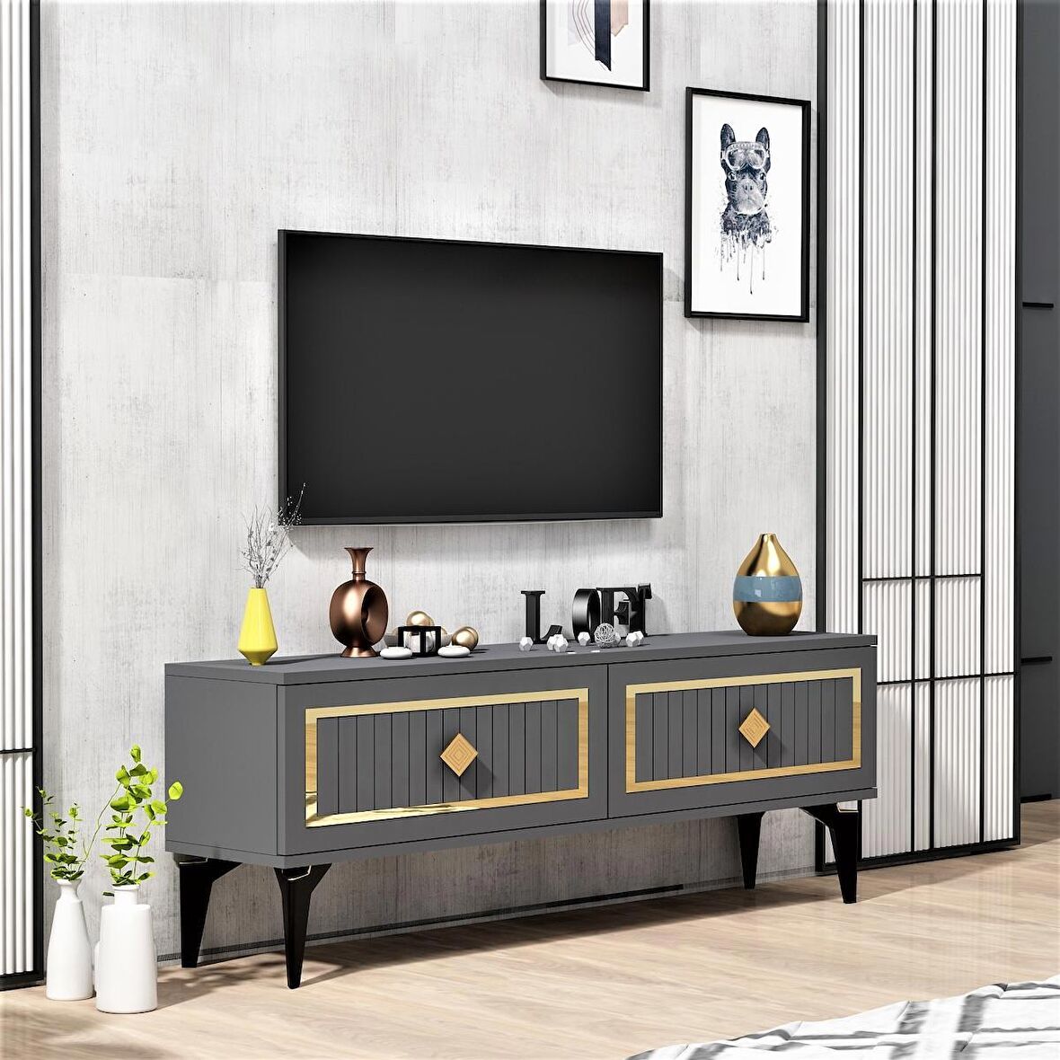 120 CM VENNA TV ÜNİTESİ ANTRASİT-ALTIN