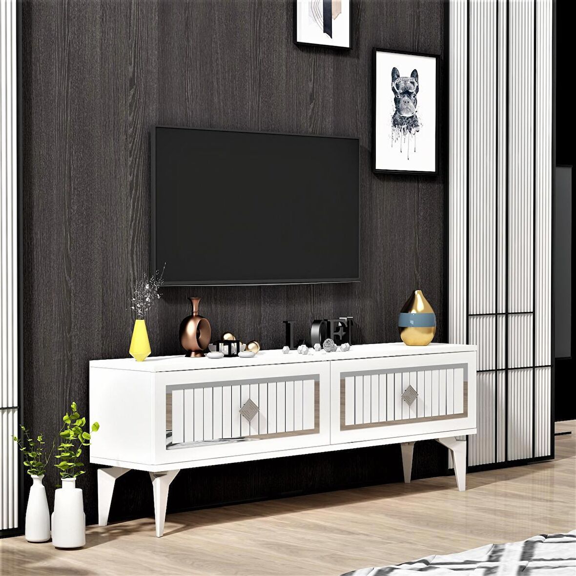 120 CM VENNA TV ÜNİTESİ BEYAZ-GÜMÜŞ