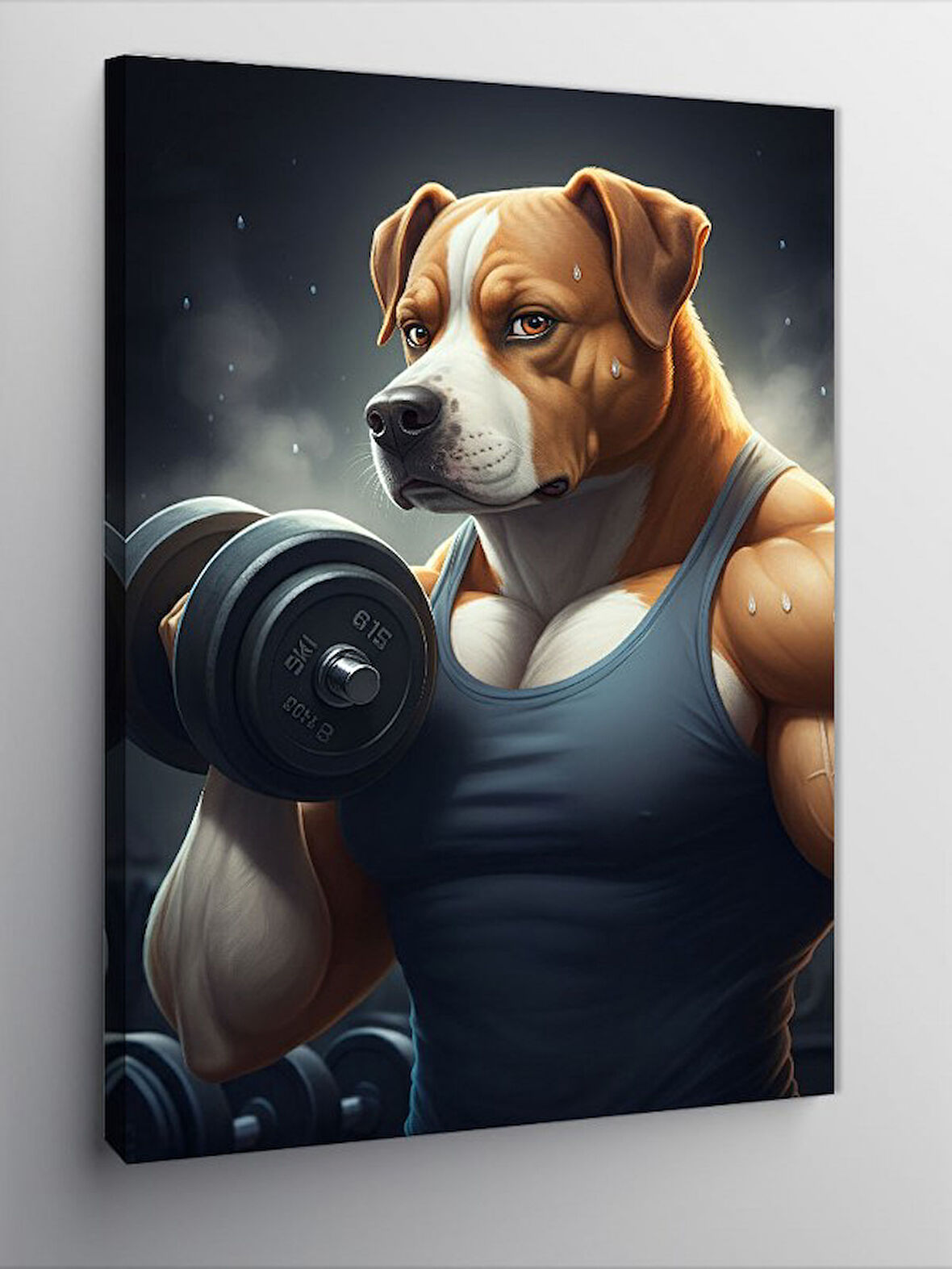 Kanvas Tablo Dumbbell İle Egzersiz Yapan Köpek