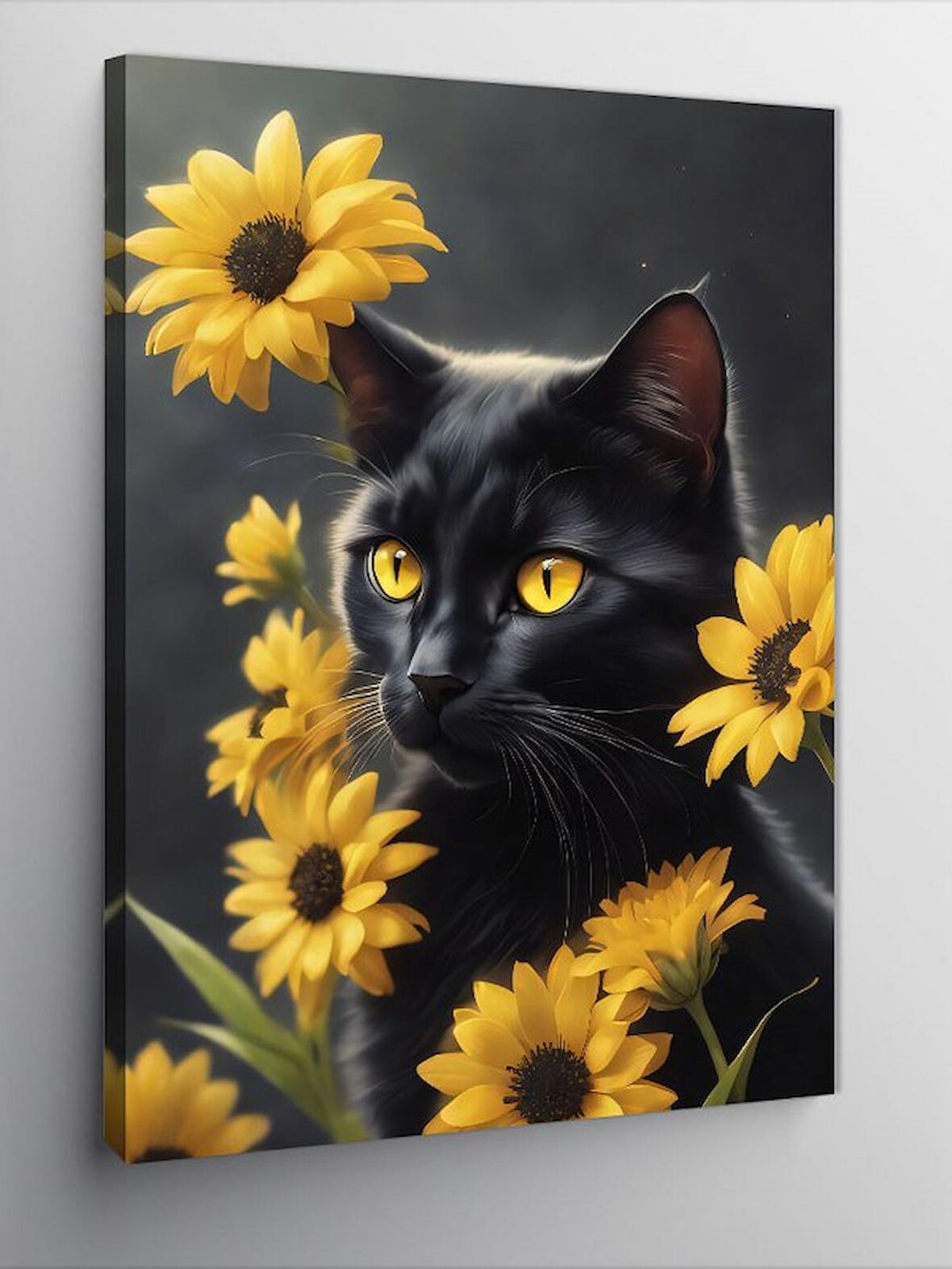 Kanvas Tablo Kara Kedi Ve Sarı Çiçekler
