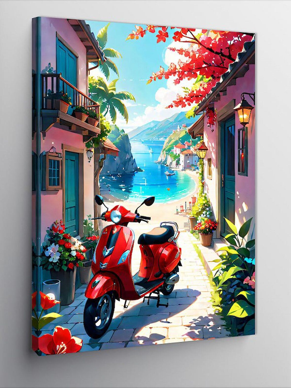 Kanvas Tablo Kırmızı Vespa Ve Yaz Evi