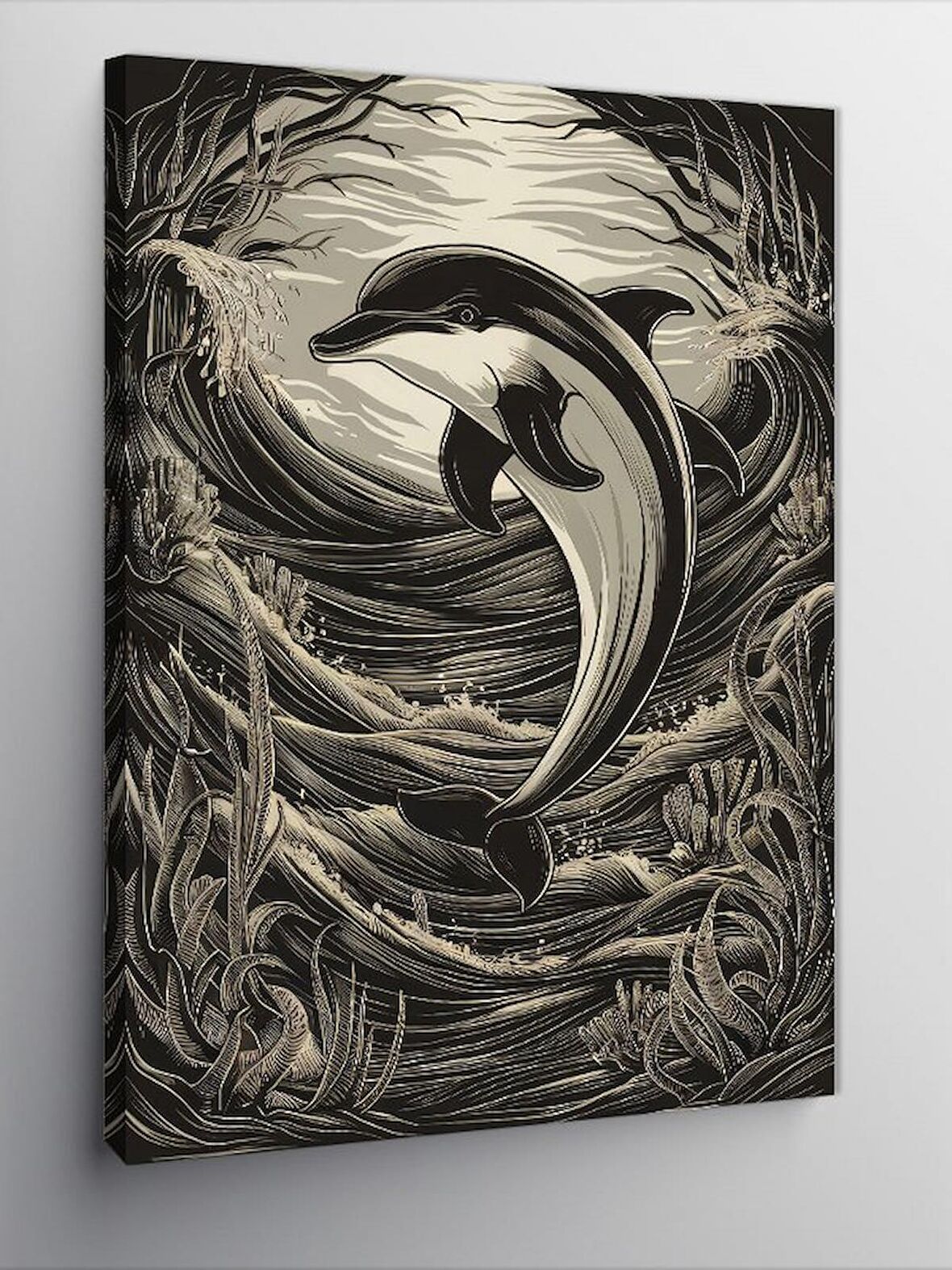 Kanvas Tablo Siyah Beyaz Yunus Dolphine